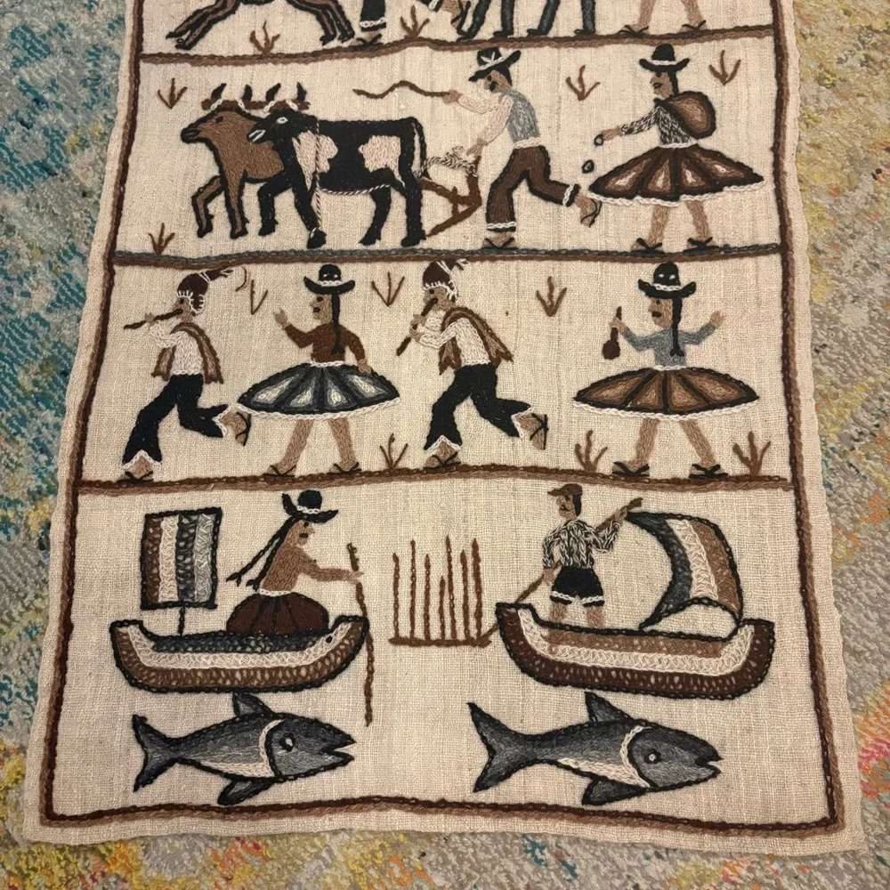 Vintage Folk Art Embroidery Peruvian Wall Hanging Made in Peru Artisan Handmade